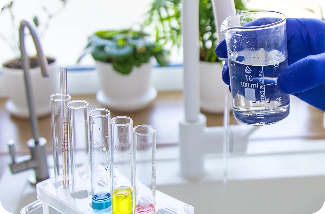 Multiple tap water samples collected for professional laboratory water quality testing.