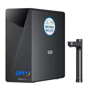 Black under-sink reverse osmosis drinking water system with matching drinking faucet