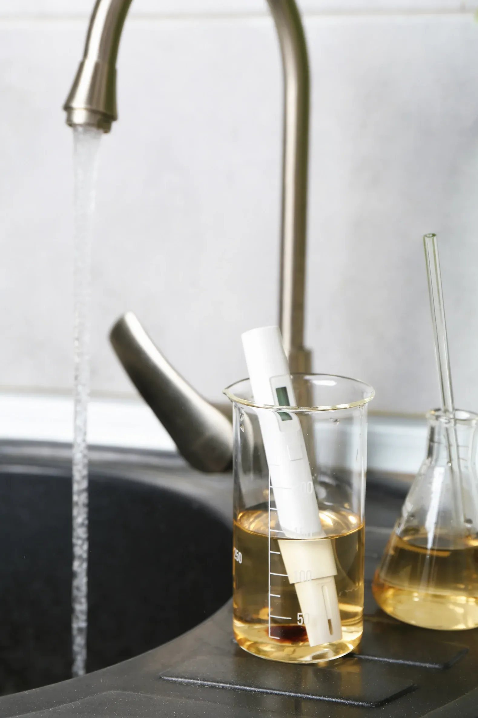 Digital water quality tester measuring a sample in a laboratory beaker