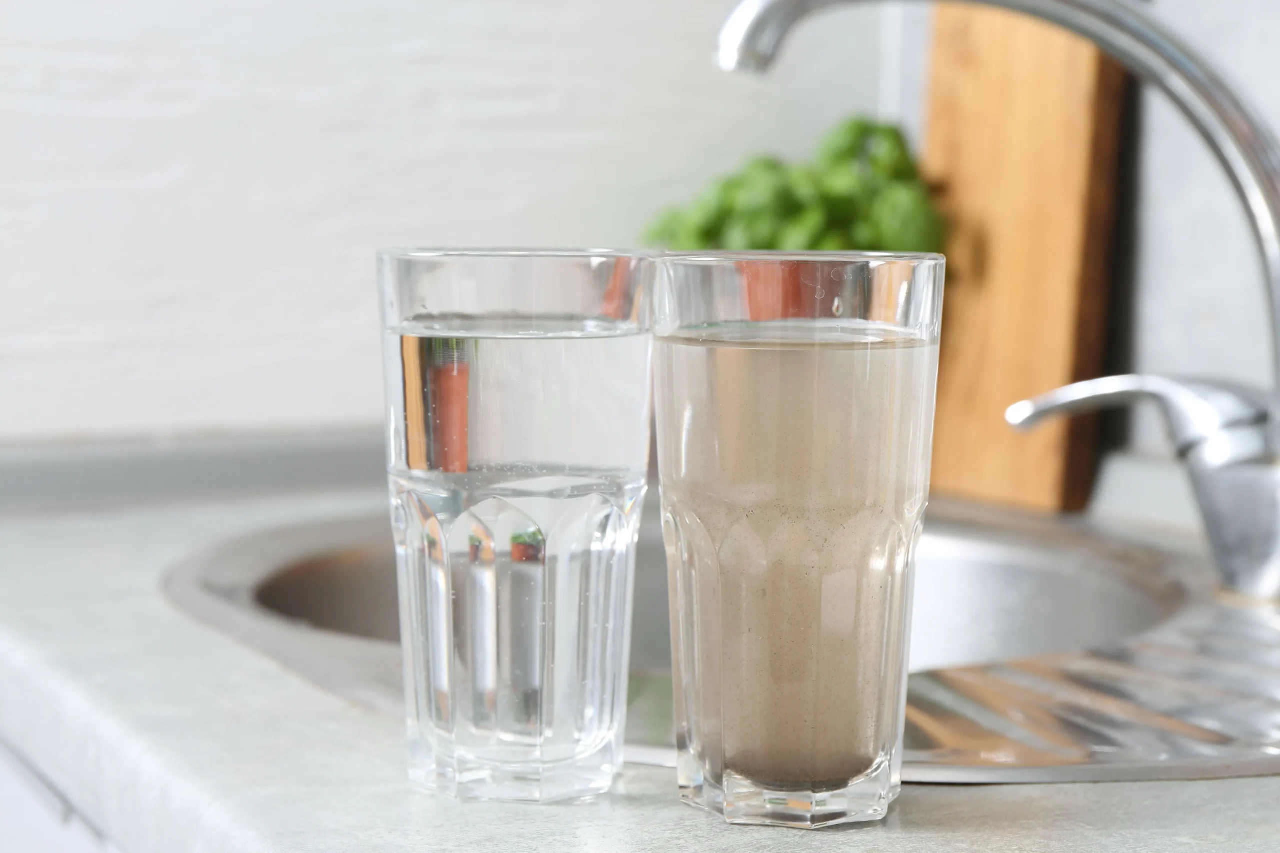 Side-by-side glasses of clean and dirty water beside a kitchen sink