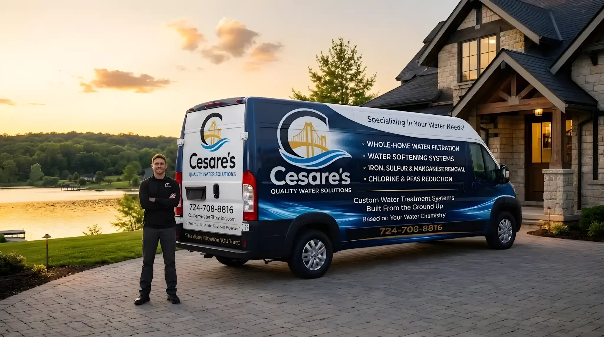 Cesare's Quality Water Solutions service vehicle at a customer's home providing professional water testing and whole-house water treatment installation in Southwestern Pennsylvania.