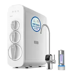 Reverse osmosis drinking water system with dedicated faucet for purified drinking water.