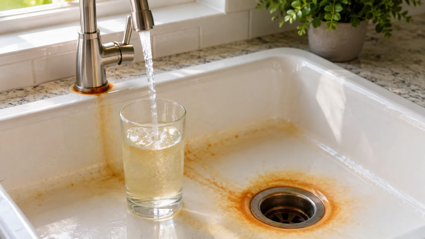 Orange rust stains around a kitchen sink drain and faucet with iron-contaminated well water in a glass, showing common signs of iron in well water.