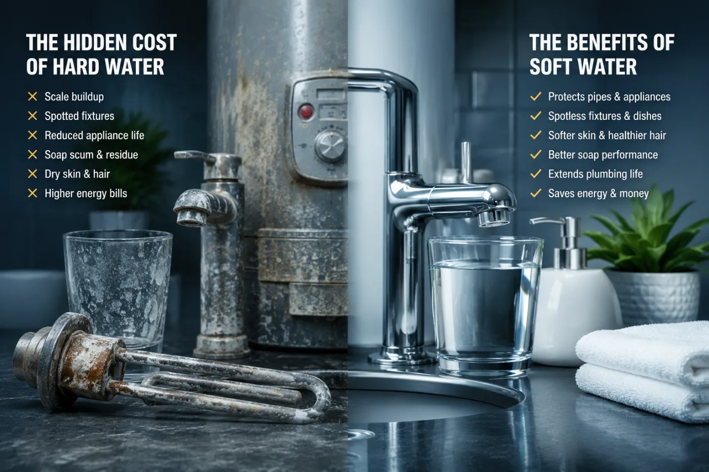 Split comparison showing the effects of untreated hard water versus softened water, including scale buildup, spotted fixtures, and improved water quality throughout the home.