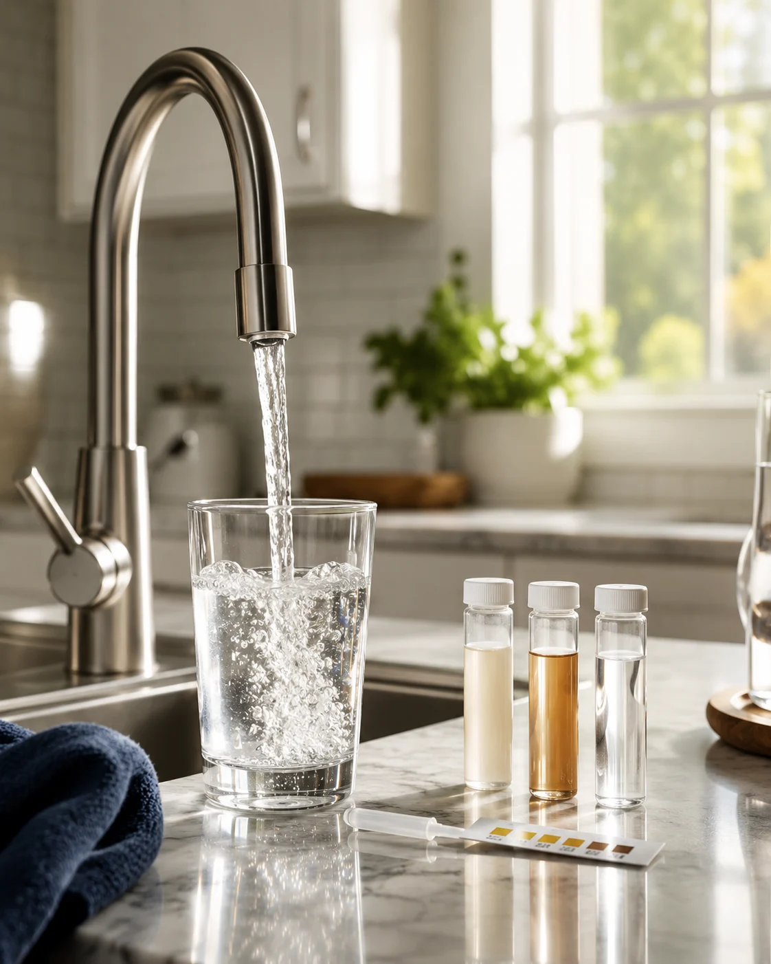 Clipboard with water test results, sample vials, and testing tools on a kitchen counter illustrating how to understand home water test results.