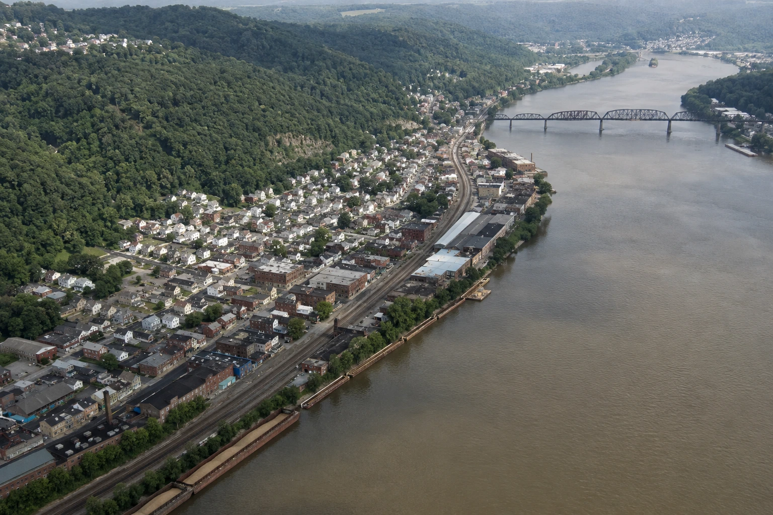 Aerial view of the Ohio River valley at Aliquippa and Ambridge in Beaver County, Pennsylvania.