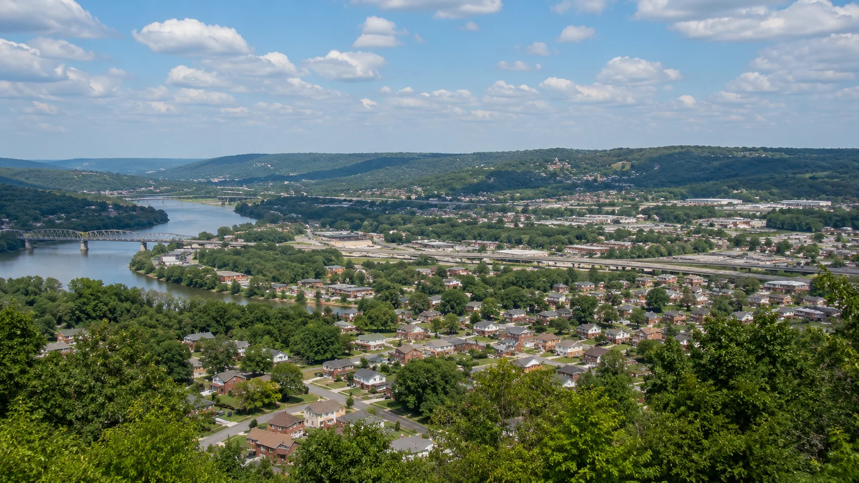 River valley, bridges and residential communities in western and southern Allegheny County, Pennsylvania.