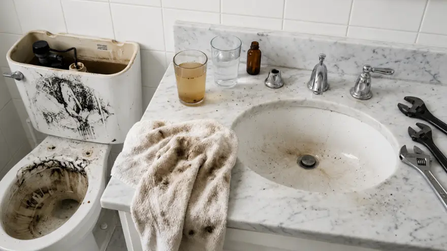 Bathroom sink and towel with heavy black staining from manganese