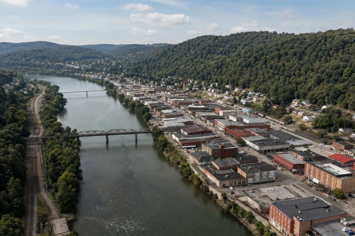 Aerial view of Connellsville, Pennsylvania on the Youghiogheny River with bridges, brick main street and steep wooded hillsides