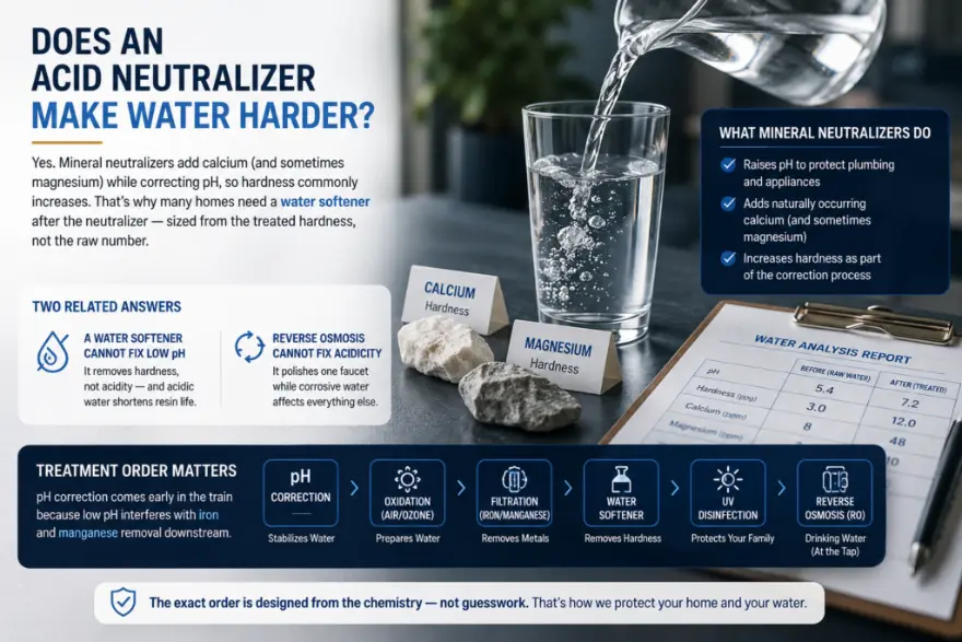 Guide showing how an acid neutralizer raises pH while adding calcium hardness to well water