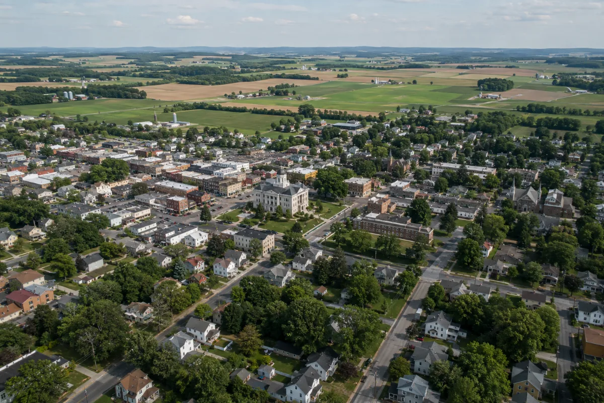 Aerial view of Ebensburg, Pennsylvania, the Cambria County seat, a compact borough on the high Allegheny Plateau surrounded by open farm fields and woodlots