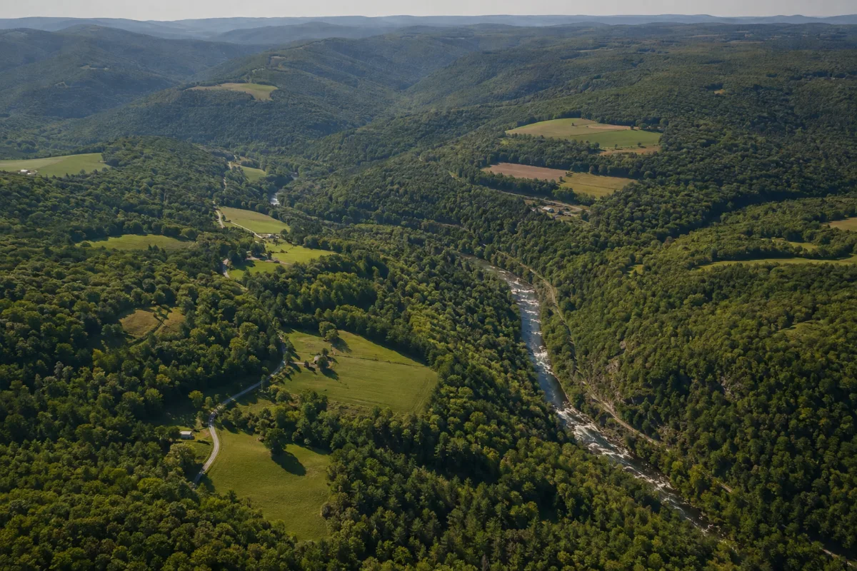 Aerial view of forested mountain ridges, farms and a river valley in the Laurel Highlands of southern Fayette County, Pennsylvania near Farmington and Ohiopyle
