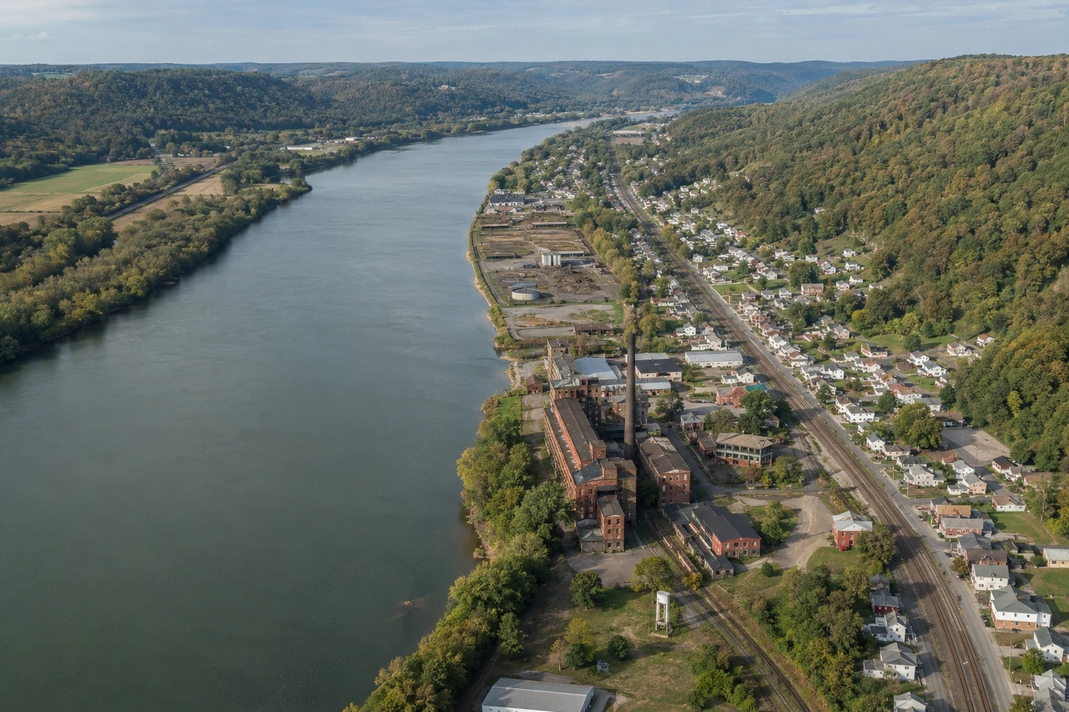 Aerial view of the Allegheny River corridor at Ford City and Manorville in Armstrong County, Pennsylvania.