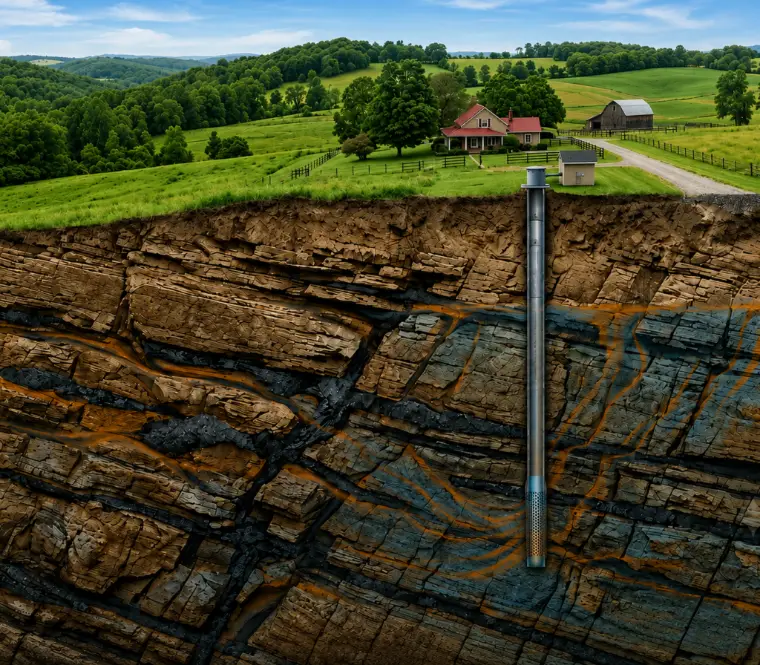 Illustration of how manganese enters private wells from bedrock and groundwater in Southwestern Pennsylvania