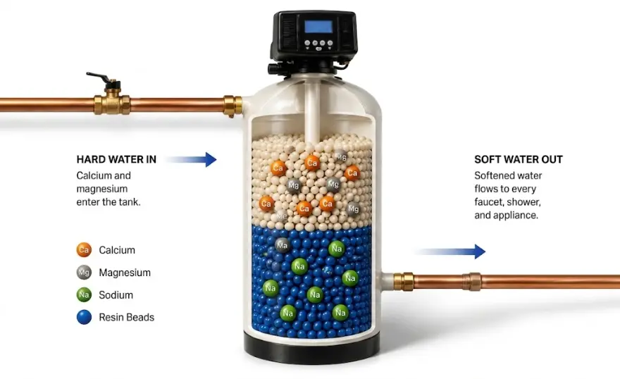 Diagram of how a water softener removes hard water through ion exchange — calcium and magnesium captured by resin beads, sodium released, soft water out