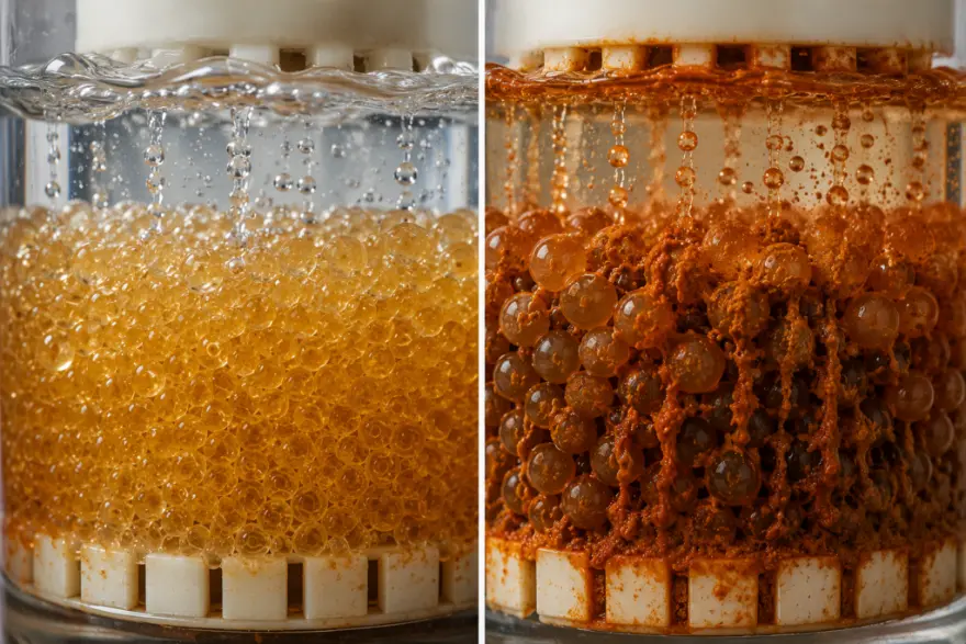 Iron-fouled brown water softener resin beads next to clean resin beads