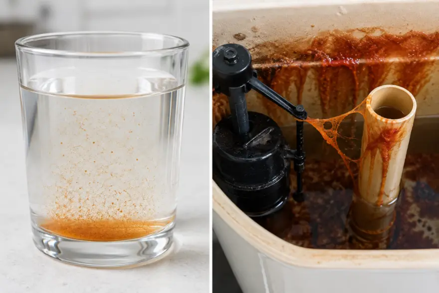 Side-by-side comparison of dissolved iron staining versus reddish-orange iron bacteria slime in well water