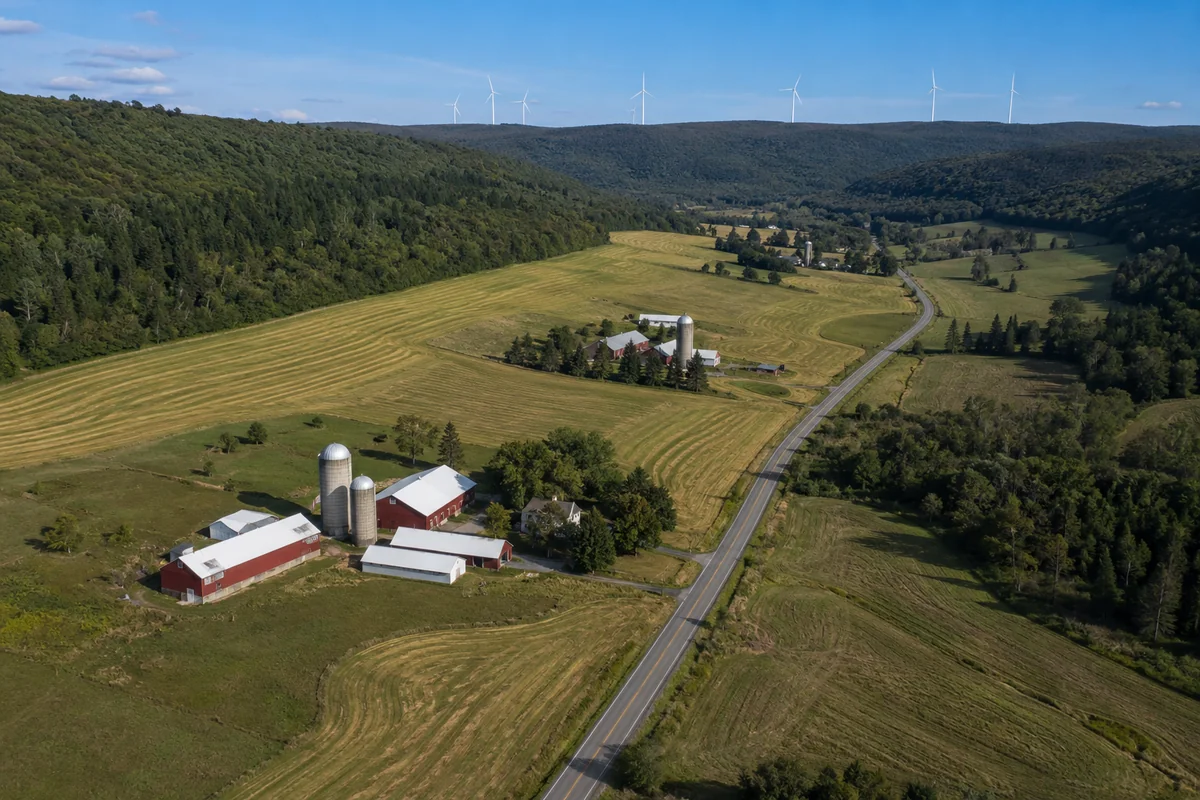 Aerial view of a high farm valley in Somerset County, Pennsylvania with red barns, contour hay fields, wooded ridges and wind turbines on the skyline
