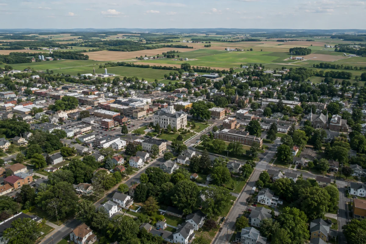 Aerial view of the Monongahela River curving between wooded bluffs past a small riverside town in eastern Greene County, Pennsylvania