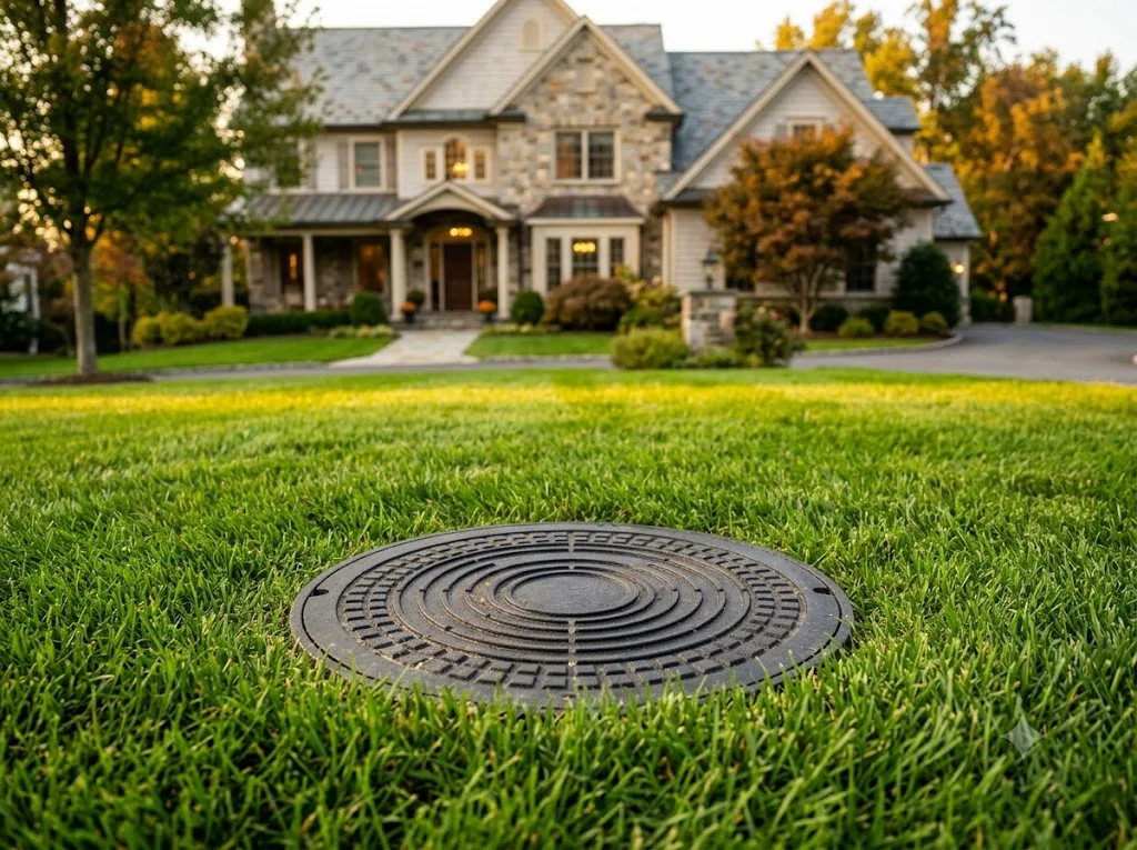 Municipal water service access cover in the lawn of a Westmoreland County, Pennsylvania home.