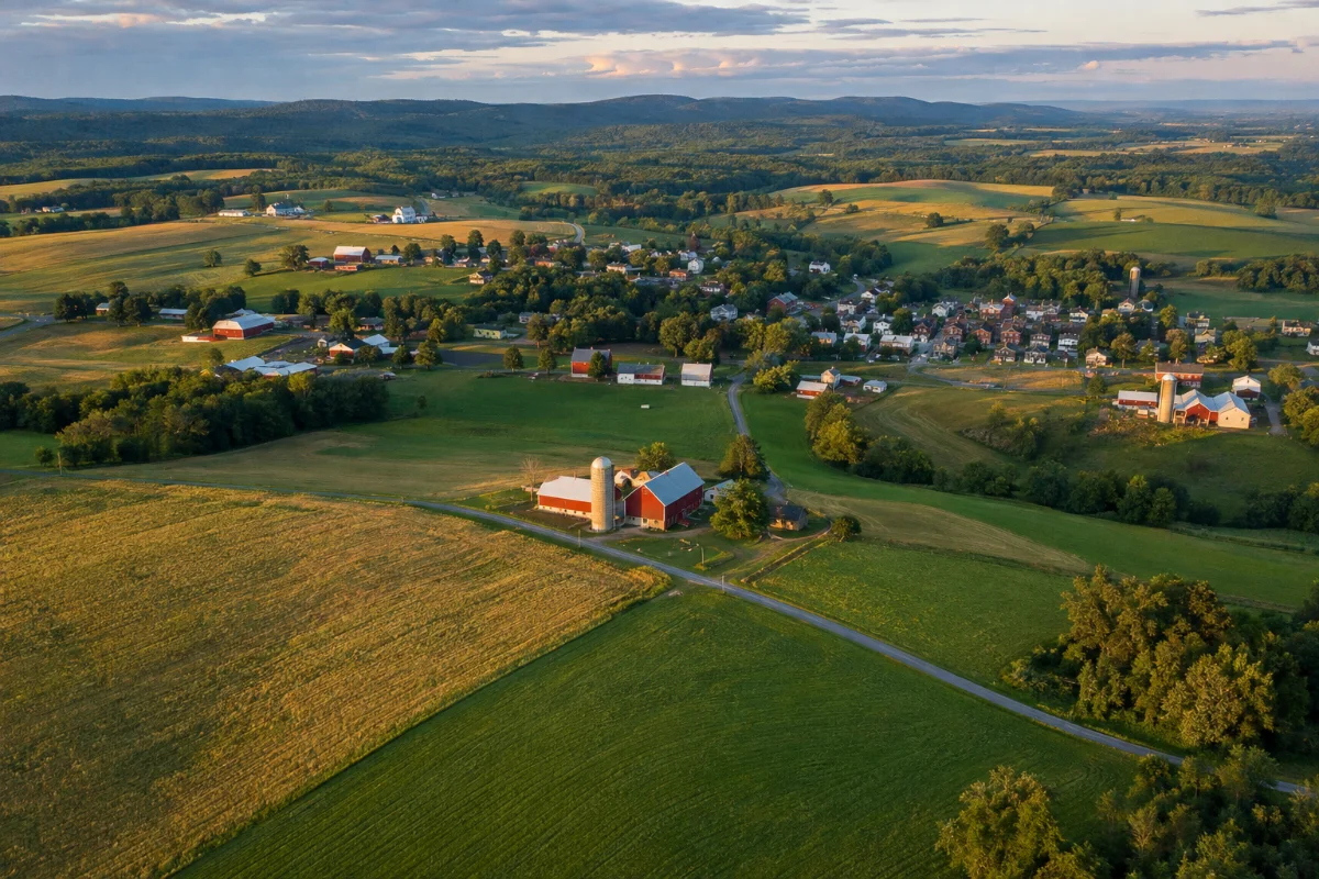Aerial view of rolling farmland, barns and a small village on the plateau of northern Cambria County, Pennsylvania