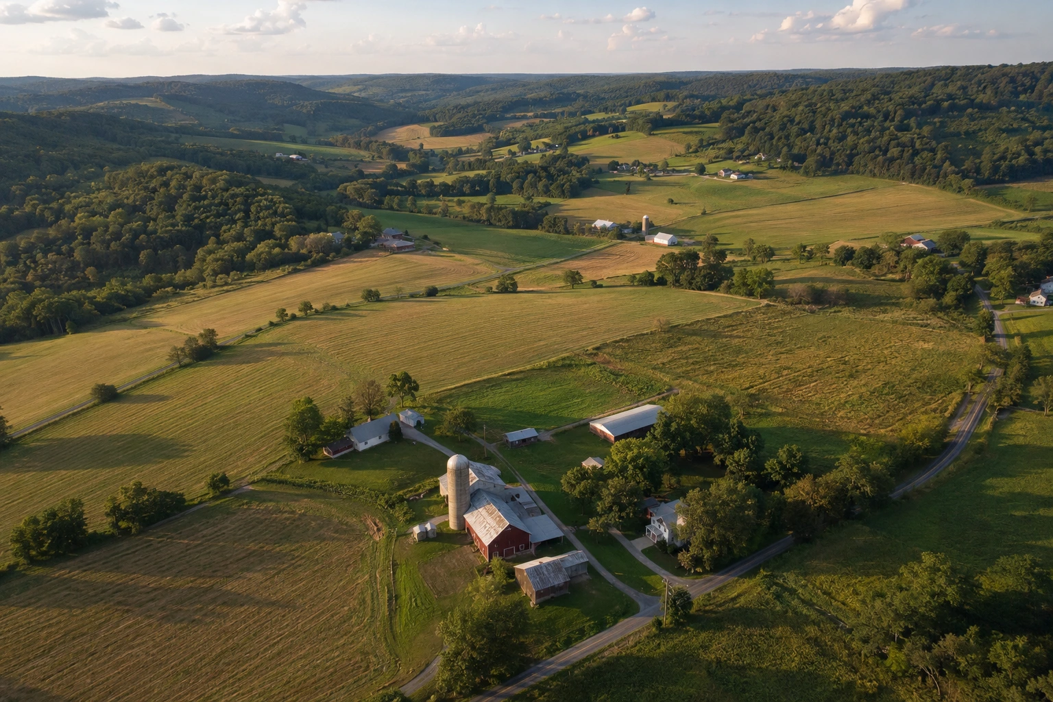 Aerial view of farmland near Rural Valley and Elderton in eastern Armstrong County, Pennsylvania.