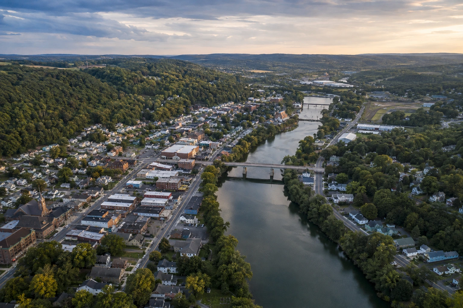 Aerial view of the Shenango Valley river towns in Mercer County, Pennsylvania
