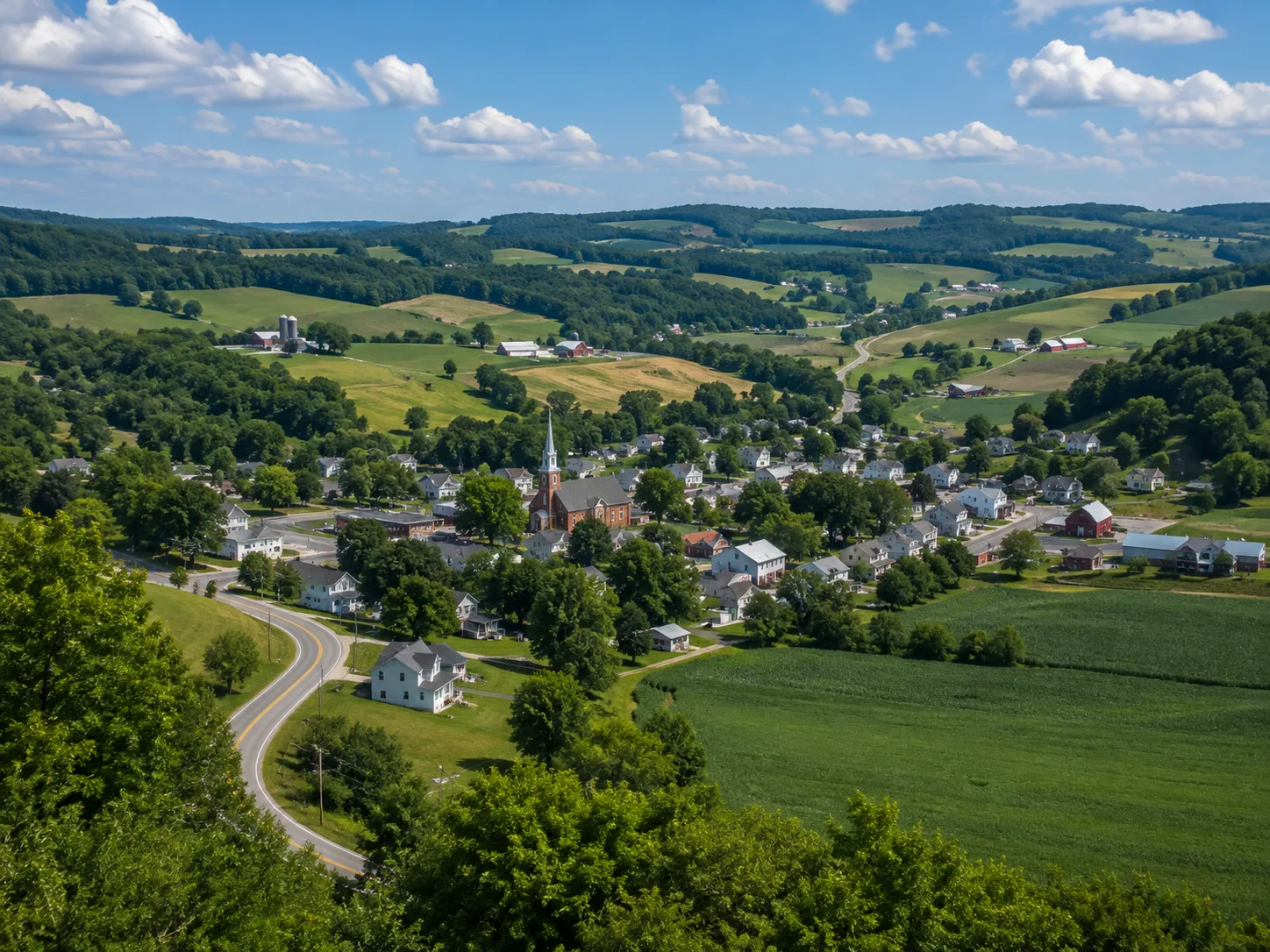 Rural western Washington County Pennsylvania landscape with farmland and small-town community
