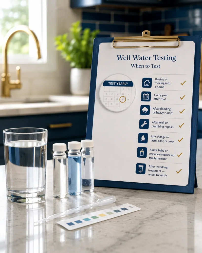 When to test well water in Southwestern Pennsylvania: annually and after floods, repairs, or any change in the water