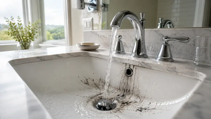 Why black manganese stains keep coming back — dissolved manganese slipping through untreated water and oxidizing on fixtures