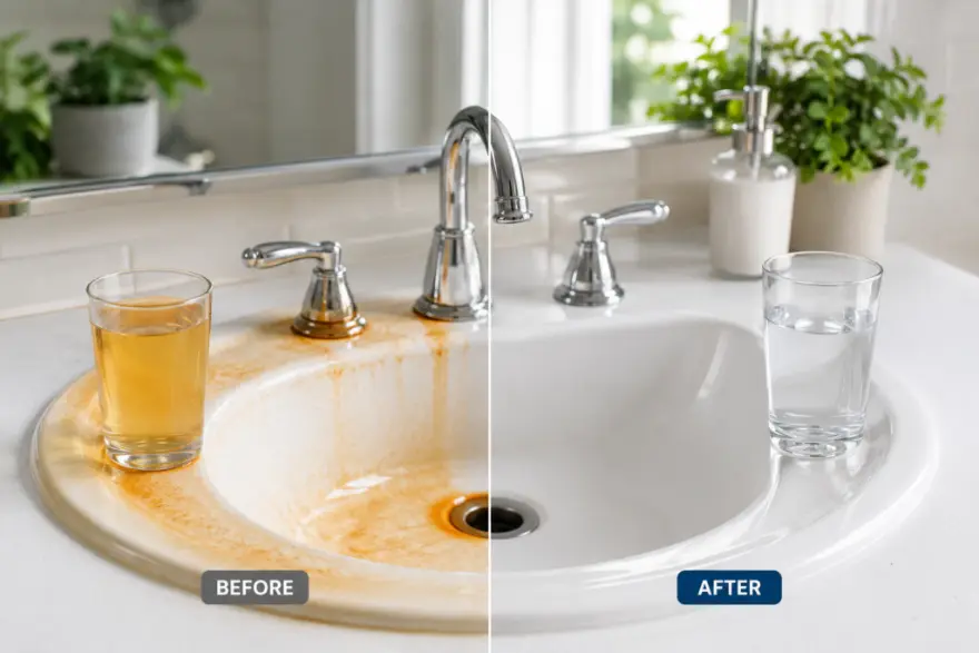 Fresh orange iron staining around a white sink drain from dissolved iron in well water