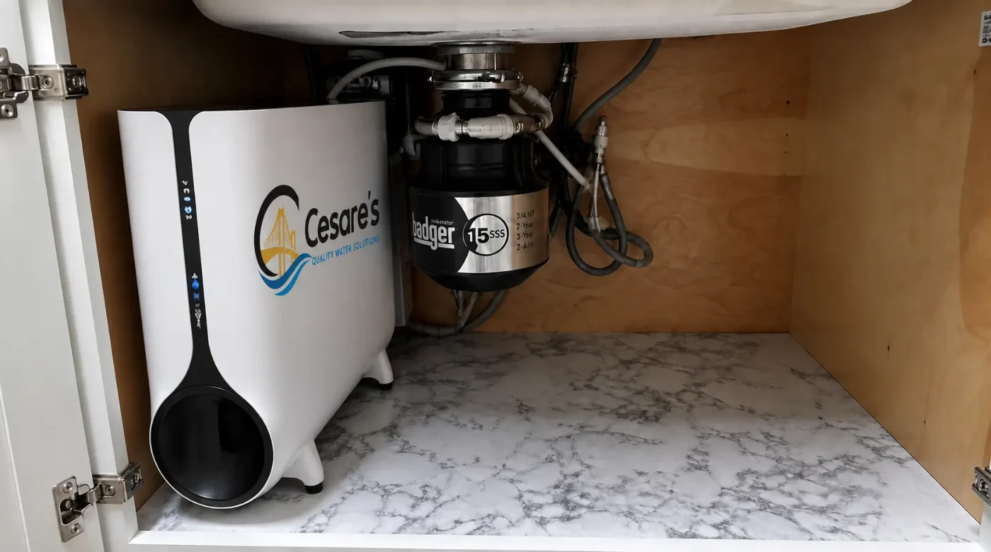 Cesare’s reverse osmosis system installed inside a kitchen sink cabinet beside the garbage disposal.