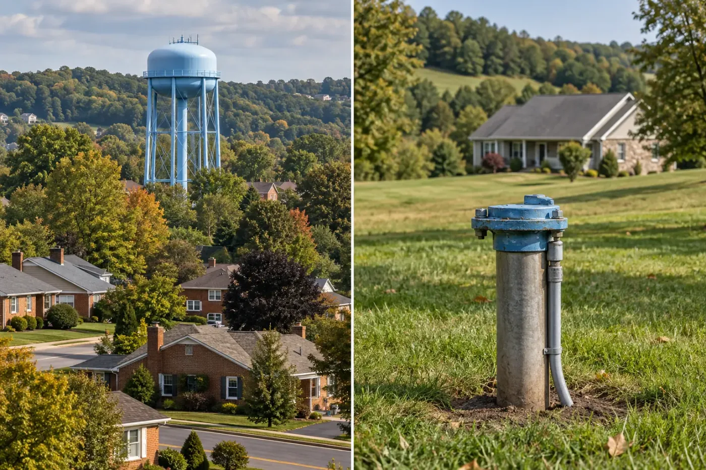 Side-by-side comparison of a municipal water tower above a Southwestern Pennsylvania neighborhood and a private well casing in the yard of a rural home.