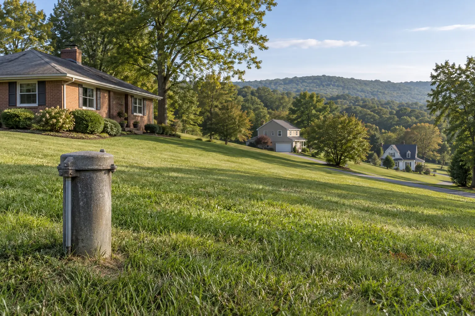 Capped private well in a grassy yard overlooking neighboring homes and wooded hills.