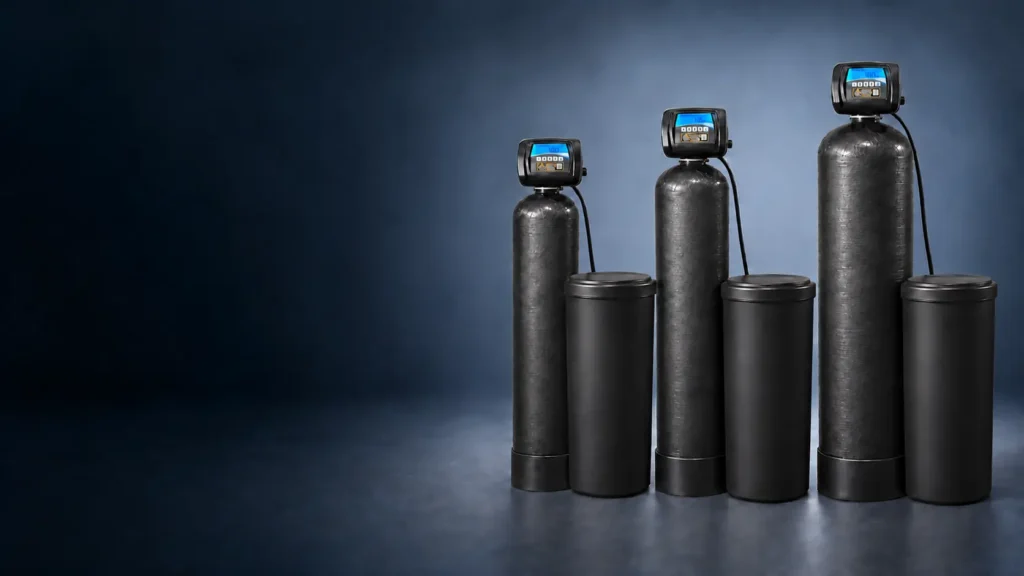 Three black water softeners increasing in size, each paired with an equally sized round brine tank.