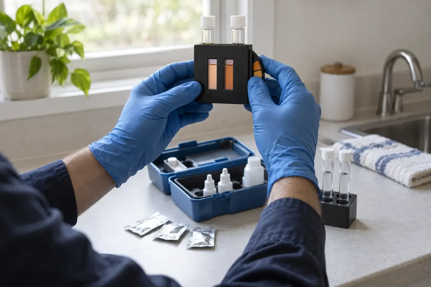 Gloved hands comparing a water sample in a manual color-disc comparator, with reagent bottles and sample tubes nearby.