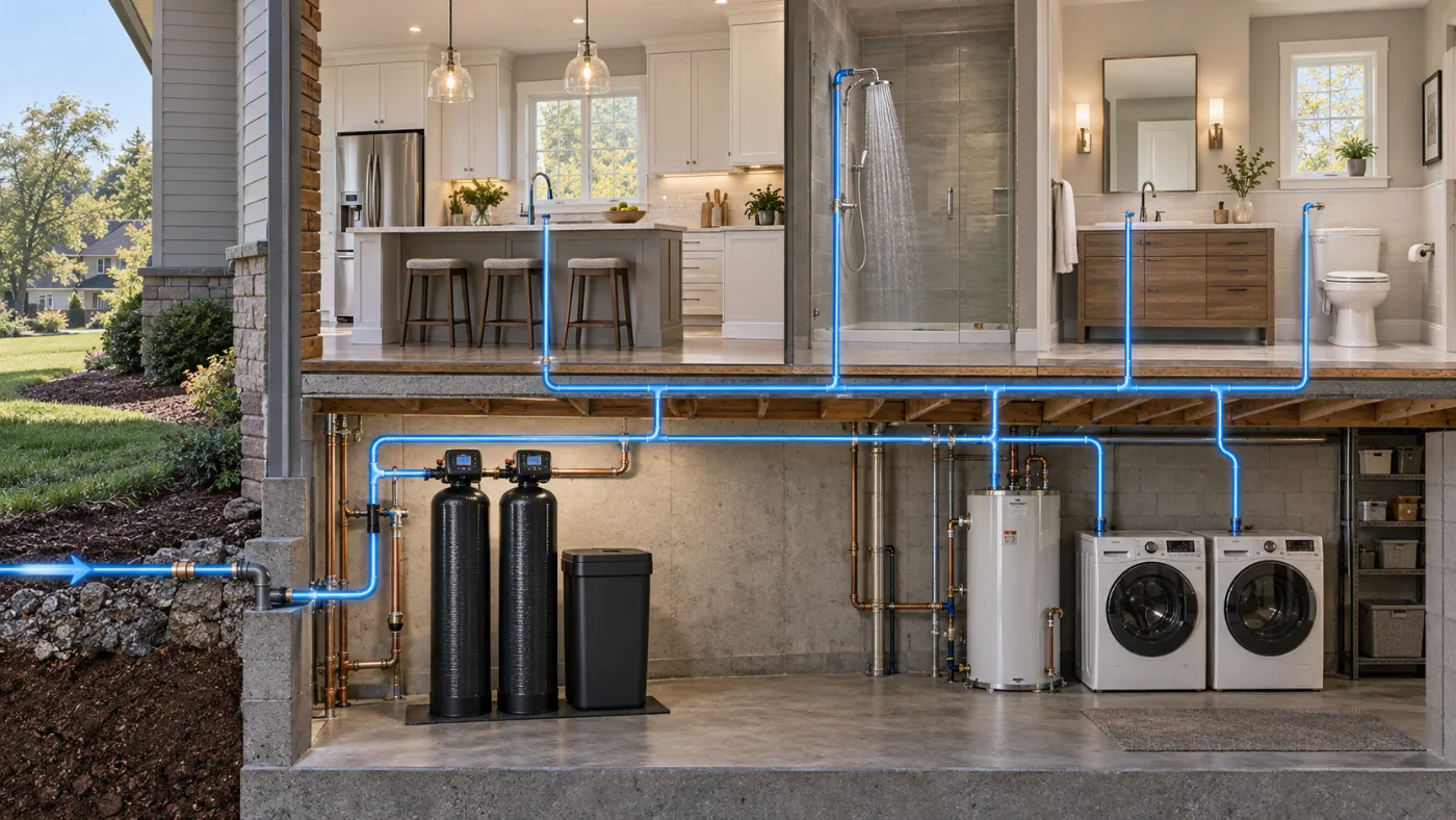Cutaway illustration showing whole-house water treatment at the main water entry supplying kitchen and bathroom fixtures and laundry.